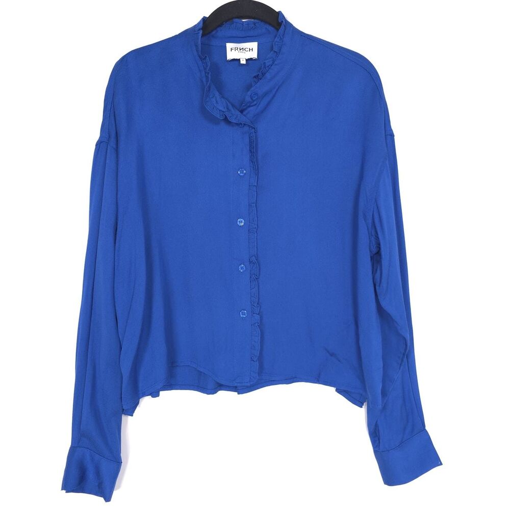 FRNCH PARIS Blue Viscose Blouse Women Size M Long Sleeve Button Front Top